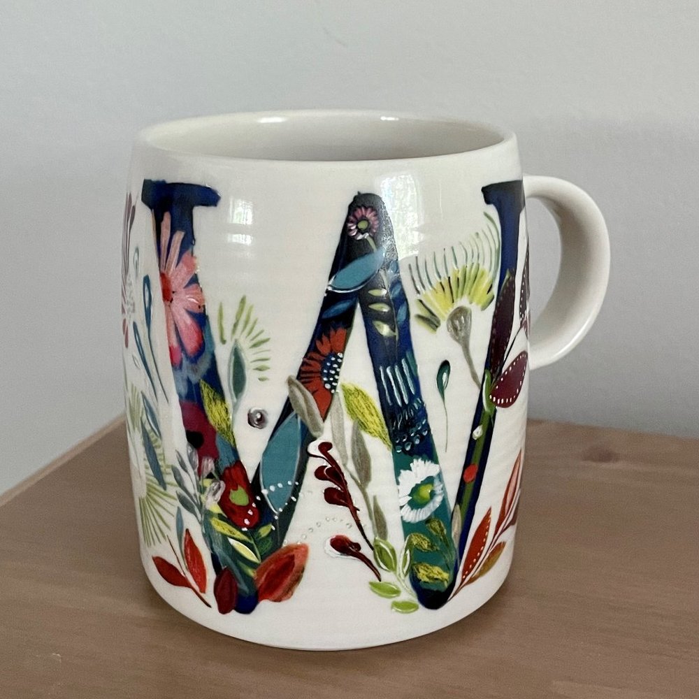 Starla M Halfmann for Anthropologie Letter W Monogram Floral Coffee Tea Mug Cup